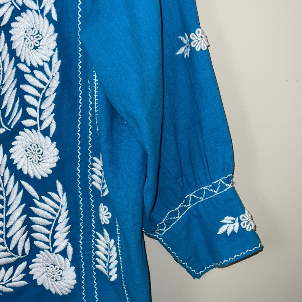 SISTER MARY Bohemian Embroidered Cotton Blouse Blue‎ White Sz XS - Picture 2 of 8